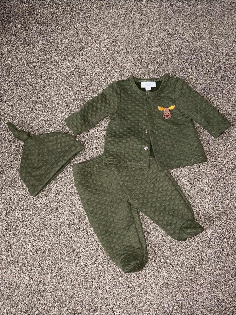 Sterling Baby 3 Months Olive Green 3-Piece Set with Moose Sweater Pants Hat